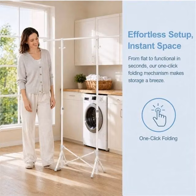 EONLION Foldable Metal Single Bar Clothes Rail and Drying Rack in White, W/D/H: 50 x 50 x 145 cm – 1