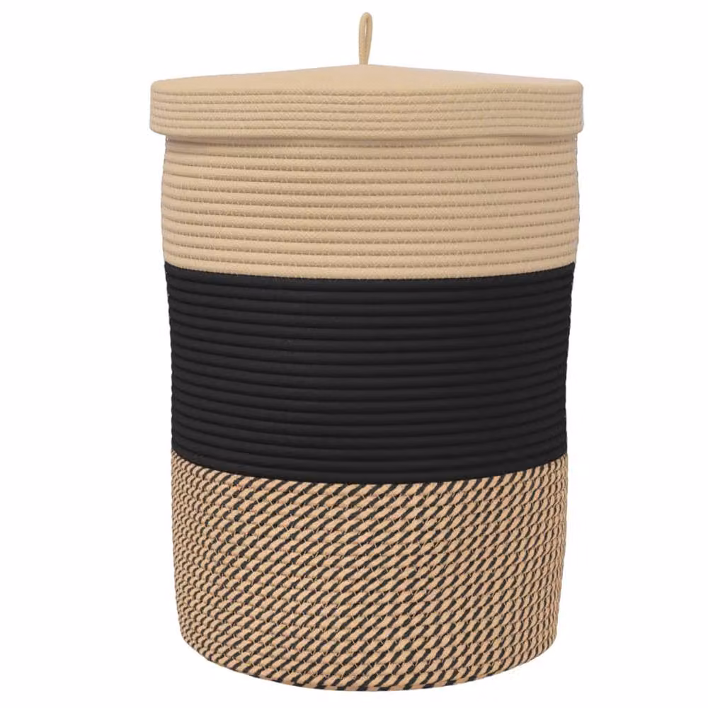 Berkfield Cotton Home Storage Basket with Lid in Black and Beige, W: 37 cm, H: 50 cm – 5