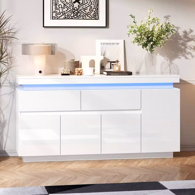 Merax White High Gloss Modern Sideboard with Integrated LED Lighting, 2 Drawers and 4 Doors, W: 140 cm, H: 72.5 cm, D: 35 cm