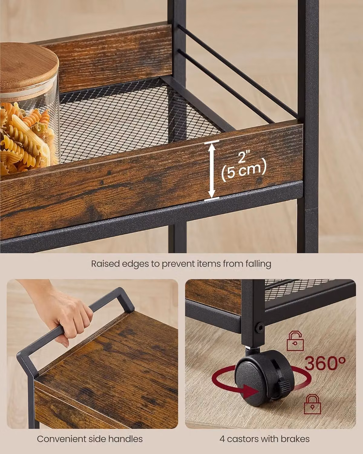 VASAGLE 4-Tier Rolling Storage Trolley Cart with Mesh Drawers and Lockable Castors in Brown – 4