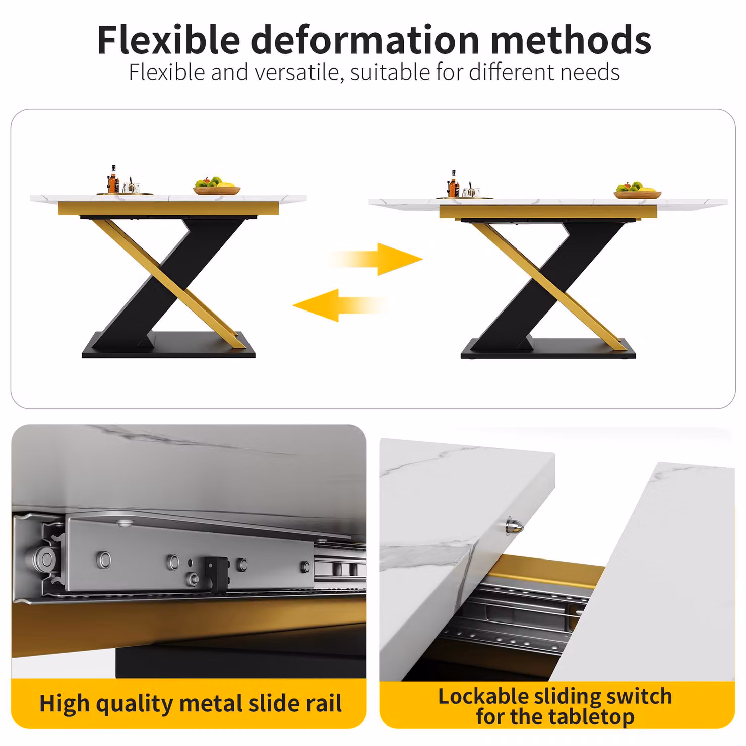 Aosom UK Extendable Dining Table with Marble-Effect MDF Top and Metal Rails, Black and Gold, W/D/H: 80 x 120-160 x 75.5 cm – 3