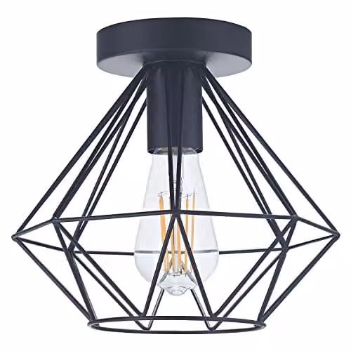 Happy Homewares Industrial Metal Basket Cage Semi Flush Ceiling Light Fitting in Black, Height: 25 cm
