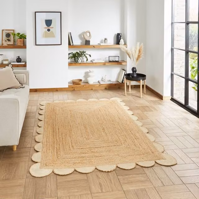 Terrys Savannah Scallop Rectangular Jute Rug in Beige and Sand Boho Wave Design