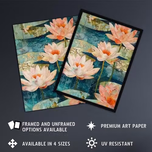 Artery8 Tranquil Pink Water Lilies on Calm Pond Wall Art Poster Print, W: 46 cm, H: 61 cm – 2