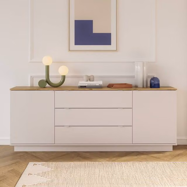 Furniture To Go Ganymede Large Modern Sideboard with 3 Drawers and 2 Doors in Matt Beige – 1