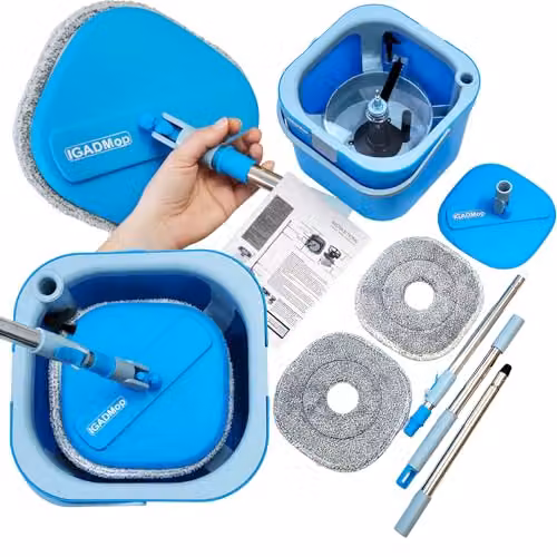 IGAD Professional Mop Kit with Bucket and 2-Chamber Water Separation System in Blue, featuring a 130 cm Telescopic Handle and Microfibre Mop Pad