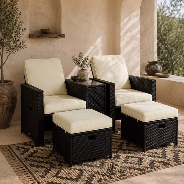 Wyld Haus Niludo Outdoor Rattan Set in Black and Beige with Reclining Chairs