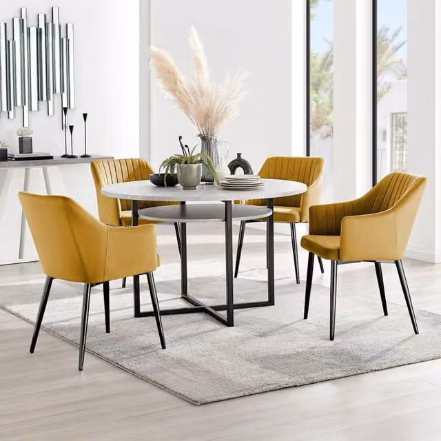 Furniturebox Adley Round Grey Concrete Effect Dining Table and 4 Calla Mustard Upholstered Chairs with Black Metal Legs