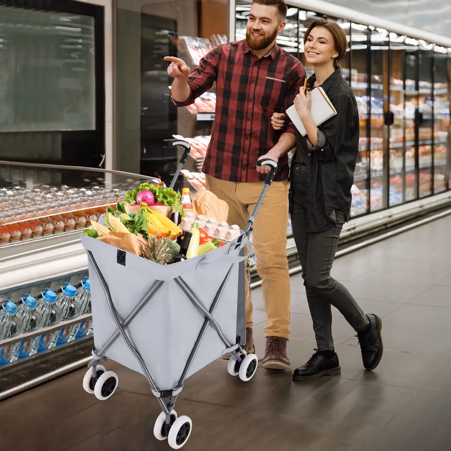 Gymax 90L Folding Lightweight Grocery and Utility Shopping Cart, Grey – 6