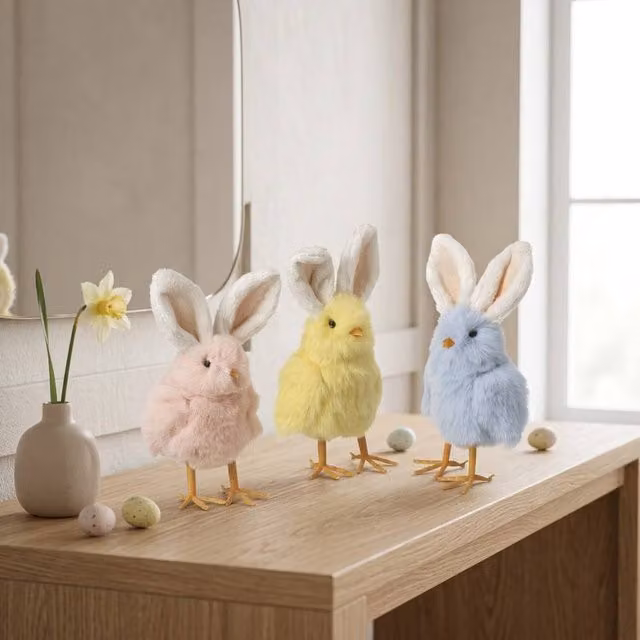 Garden Greatness Springtime Easter Fluffy Chicks with Ears in Yellow, Pink, Blue and Multicolour Textile Tabletop Decorations, 1 Pack