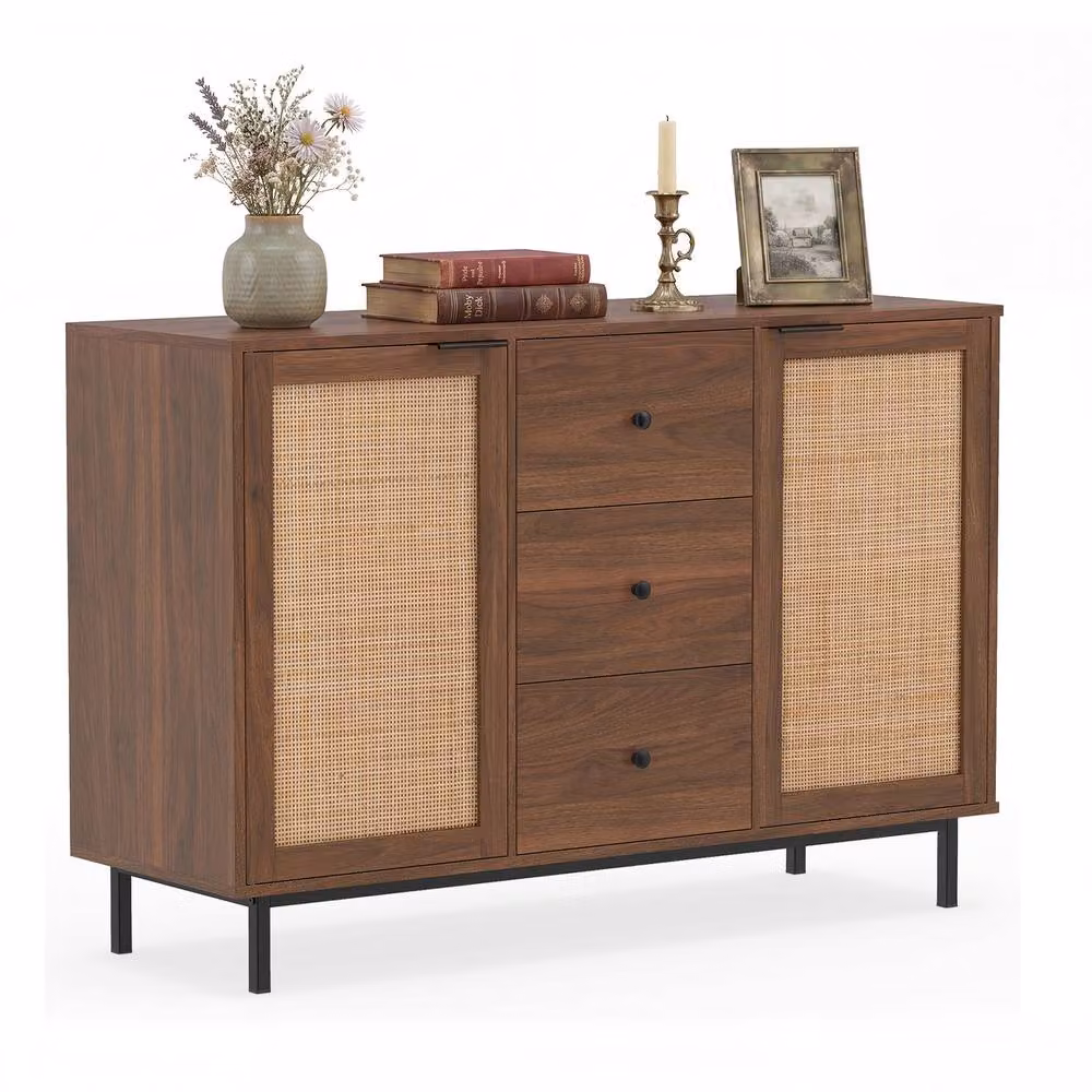 Costway Modern Brown Sideboard Buffet Cabinet and Coffee Bar Table with 2 Doors, 3 Drawers and Rattan Details, Width: 120 cm – 5