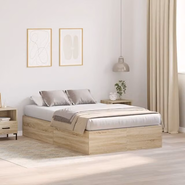 Berkfield Home Sonoma Oak Storage Bed Frame in Beige, W/D/H: 120 x 200 cm – 1