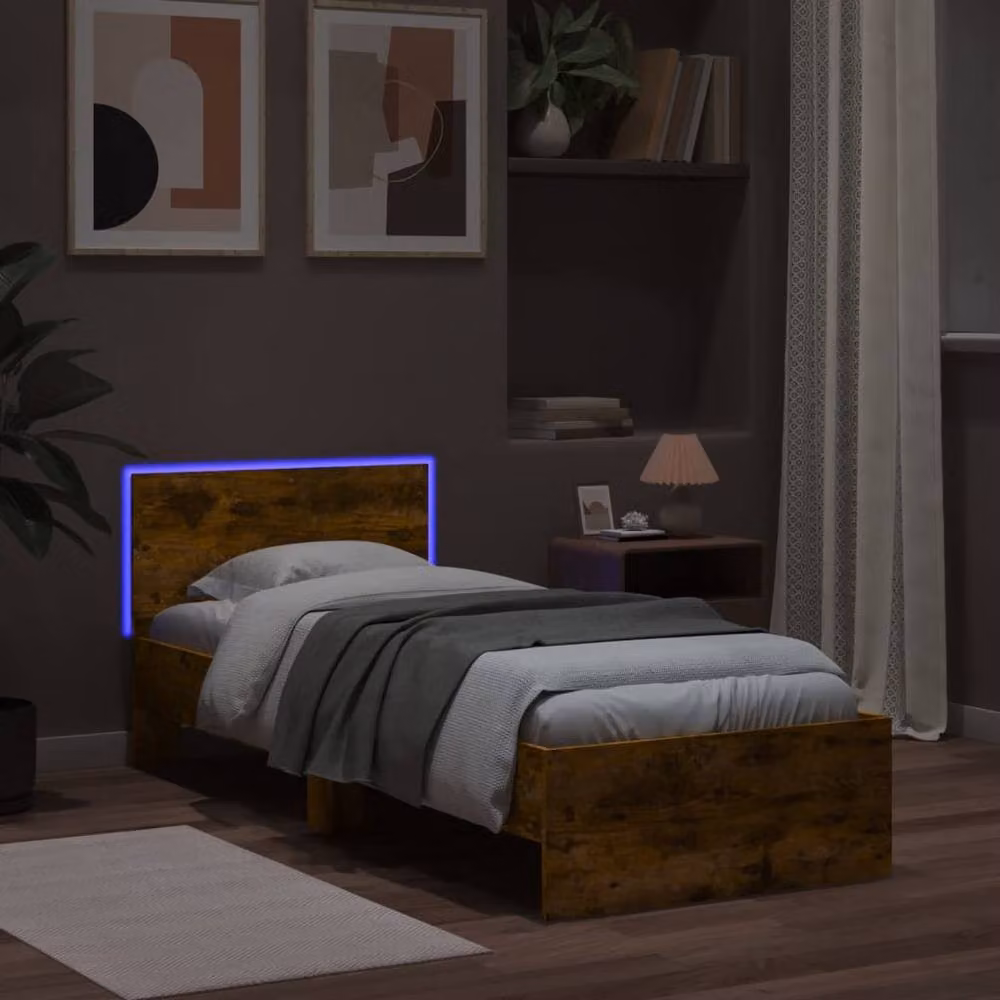Berkfield Home Durable Engineered Wood Bed Frame with Under-Bed LED Lights in Smoked Oak Brown, W/D/H: 90 x 200 cm – 4