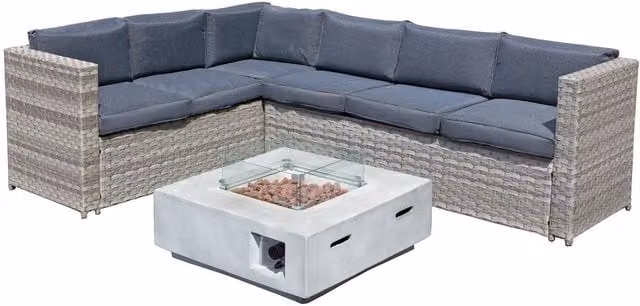 Oseasons Acorn Rattan 6 Seat Corner Sofa Set with GRC Firepit in Grey