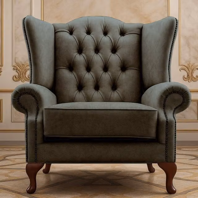 Somnior Beds Ltd Chesterfield Wingback High Chair in Brown and Grey Velvet Fabric with Armrests