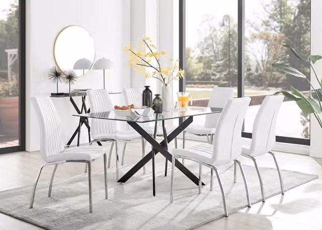 FurnitureboxUK Leonardo Rectangular Glass Dining Table with Six White Isco Chairs