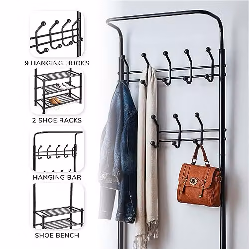 House of Home Black Metal Hall Tree with Bench and 18 Hooks, H 188 x W 68 x D 31 cm – 5
