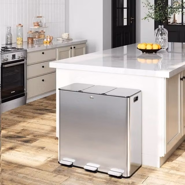 London Boutique Stainless Steel Step-On Kitchen Trash Can and Recycling Pedal Bin Set, 3 x 30L, Silver