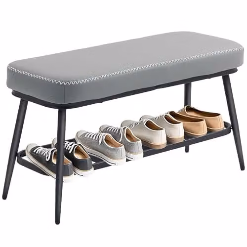 HOMCOM Modern Grey PU Leather and Metal Shoe Bench with Shoe Rack, W/D/H: 120 x 31 x 45 cm