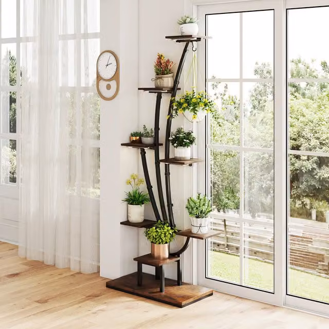 COSTWAY 8-Tier Rustic Brown Metal Corner Plant Shelf for Indoor and Garden Use