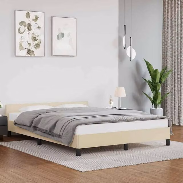 Berkfield Home Upholstered Bed Frame with Headboard in Beige, W/D/H: 140 x 190 cm – 1