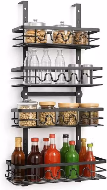 PAWNORA 4 Tier Adjustable Metal Door Hanging Storage Rack in Matt Black