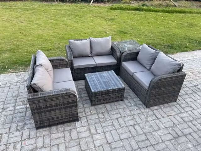 Fimous 6 Seater Grey Wicker Rattan Outdoor Garden Furniture Set with Square Coffee Table, Love Seat and 2 Footstools