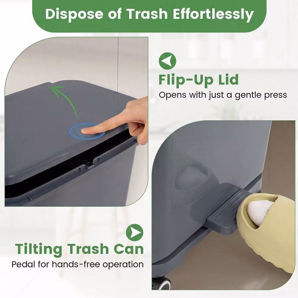Costway Rolling Pedal Trash Can with 2 Removable Plastic Bins in Grey – 6
