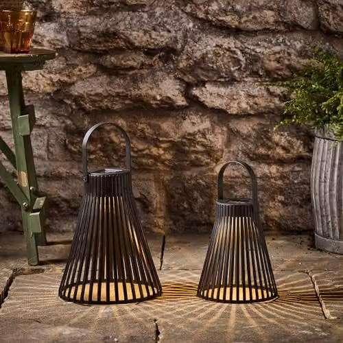 Lights4fun Set of 2 Black Slatted Outdoor Garden Solar Powered Decorative Lanterns with Warm White LED IP44 Waterproof – 2