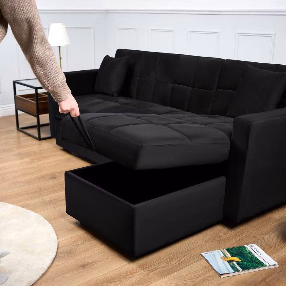 Bravich LTD Milo Reversible L-Shape Corner Sofa Bed with Storage in Black Velvet, W/D/H: 206 x 140 x 80 cm – 7