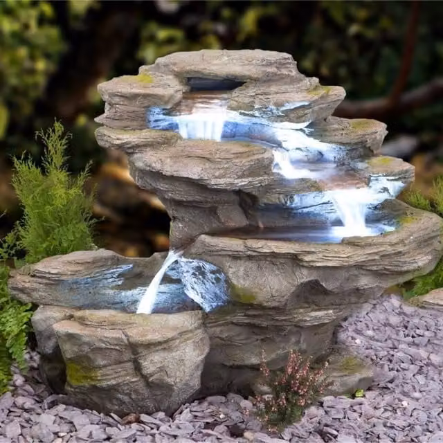 Primrose Ogen River Leap 4 Tier Stone Effect Cascading Water Feature with LEDs in Grey and Bronze Polyresin
