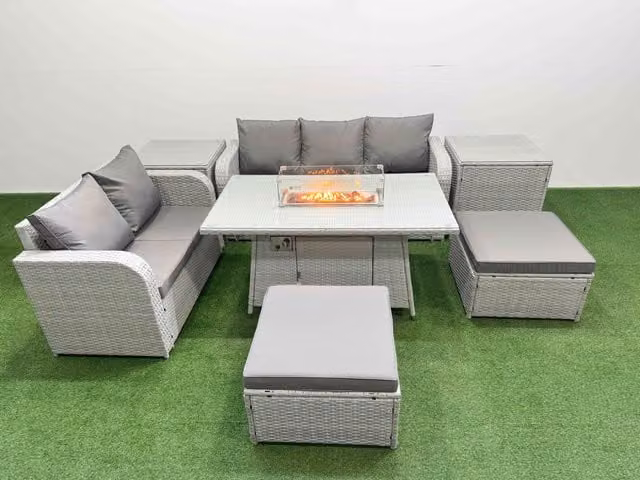 Fimous 7 Seater Grey PE Rattan Wicker Garden Furniture Set with Firepit Dining Table, 3 Seater Sofa, Love Seat, 2 Footstools and 2 Side Tables