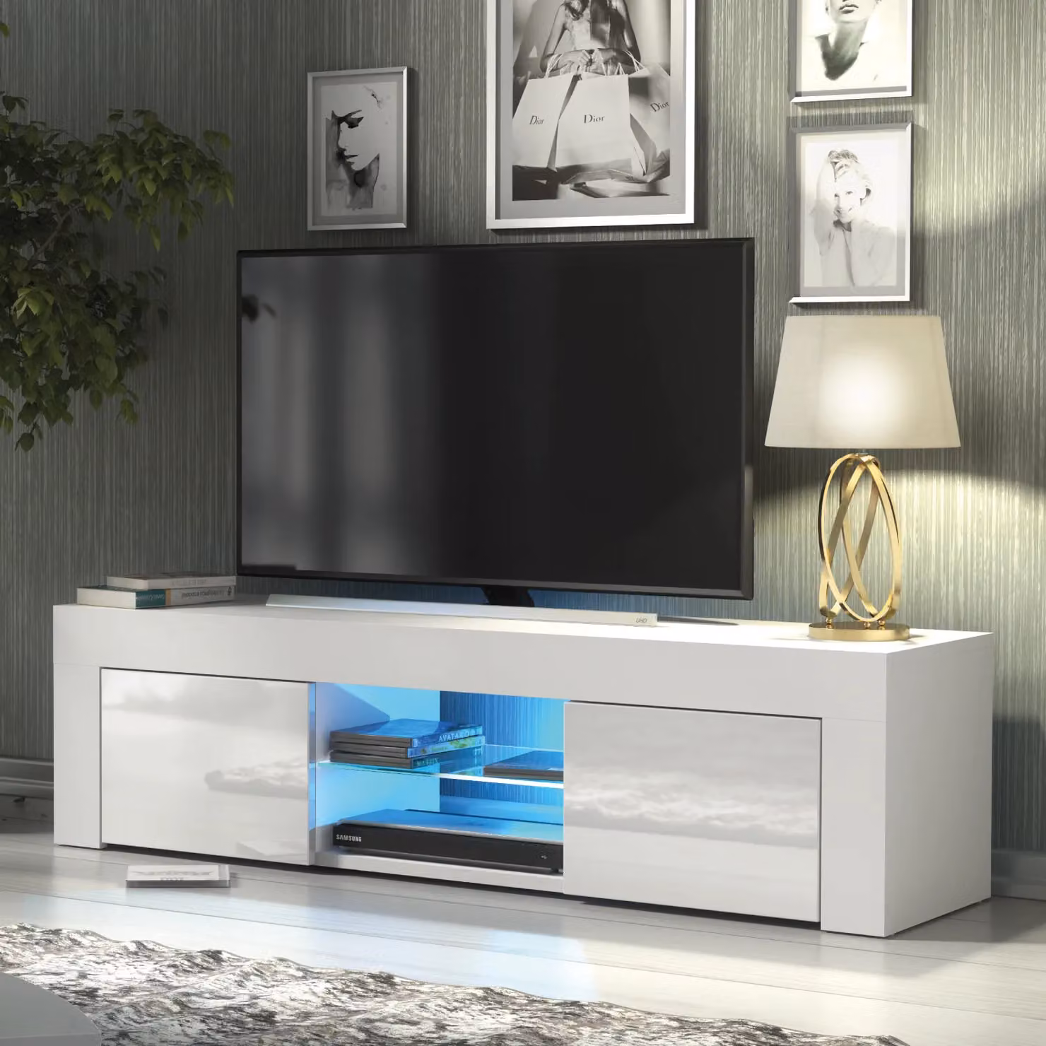 Mex Furniture LTD Modern Glossy White TV Unit with LED Lights, W: 130 cm, D: 35 cm, H: 35 cm – 3