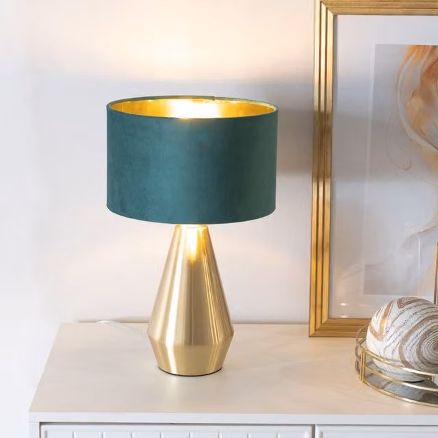 ValueLights Jax Dimmable Touch Table Lamp with Green Velvet Drum and Gold Inner Shade, Bulb Included – 1