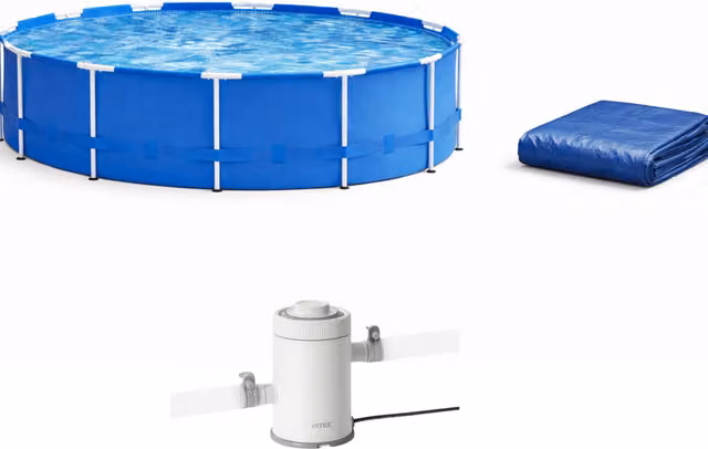 Intex 4-in-1 Blue Round Metal Frame Pool with Pump and Cover, Diameter: 366 cm, Height: 76 cm