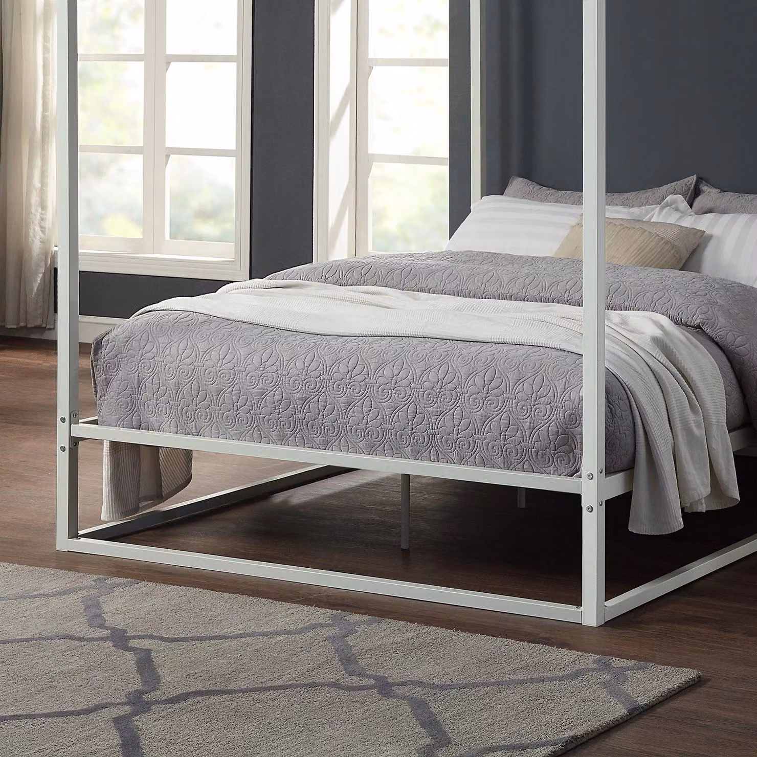 SlumberWorx Ashwell Modern Four Poster Metal Bed Frame in White, W/D/H: 180 x 200 x 157 cm – 4