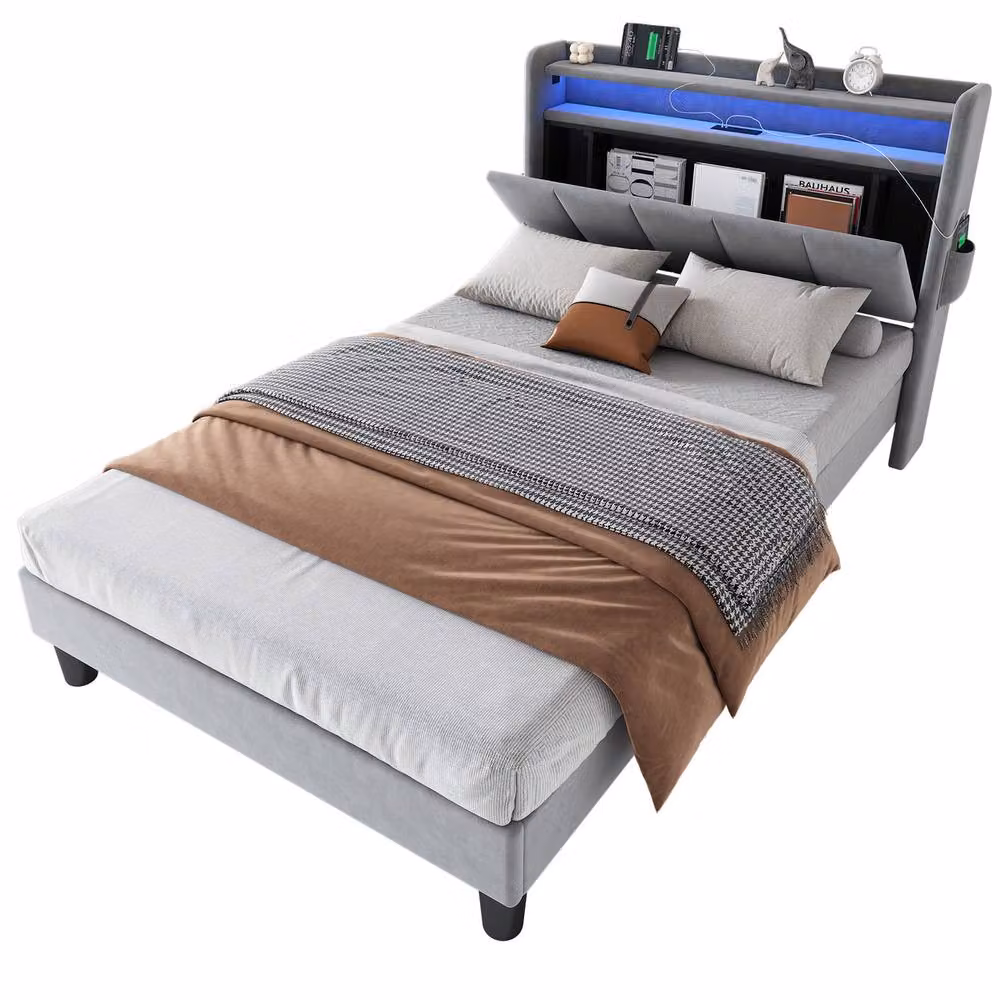 Rolipo Grey Velvet Upholstered Single Bed with LED Under-bed Lighting, USB Charging Port and Side Storage Compartments, W/D/H: 90 x 190 x 107 cm – 8