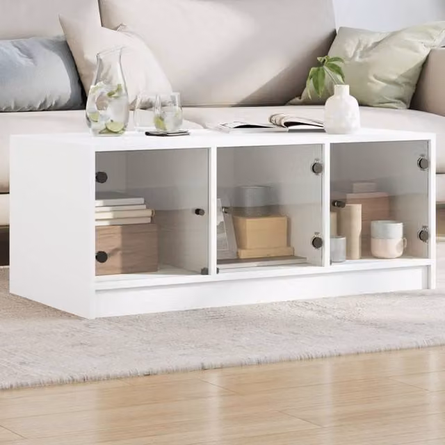 Berkfield Home White Modern Coffee Table with Glass Doors W: 102 cm, D: 50 cm, H: 42 cm – 1