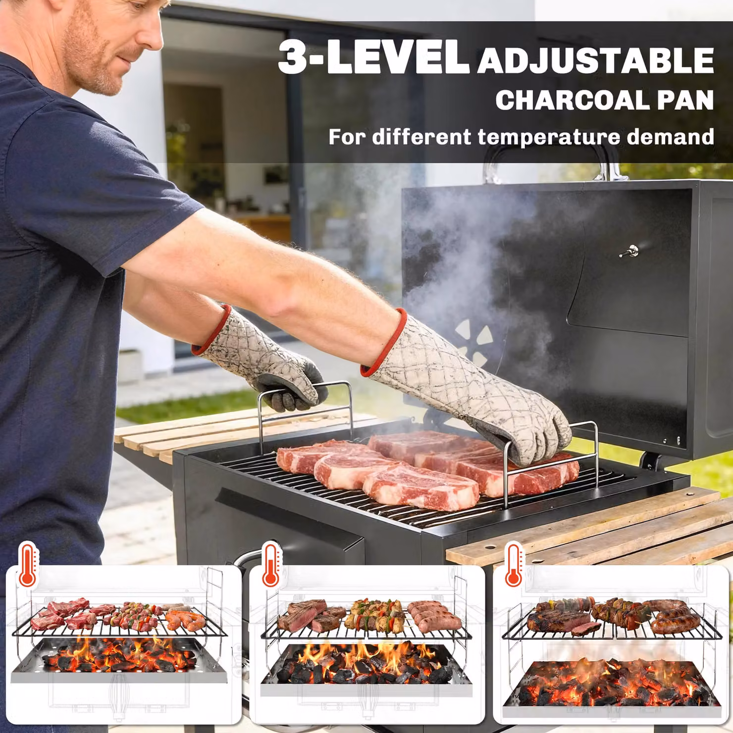 OUTSUNNY Charcoal BBQ Grill with Warming Rack, Temperature Gauge and 3 Shelves, Black, W/D/H: 112 x 58 x 107 cm – 5