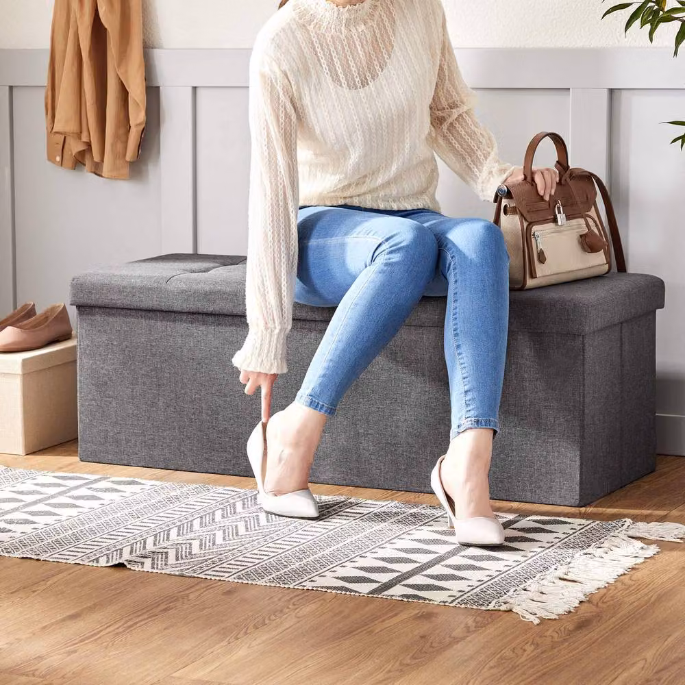 Dprodo Linen Storage Ottoman and Folding Foot Rest Stool in Dark Grey, W/D/H: 110 x 38 x 38 cm – 6
