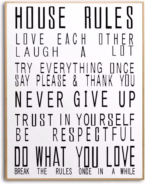 KDMK Large Glass House Rules Wall Art Typography Sign in White