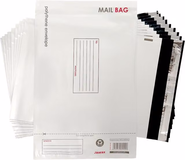 Janrax Pack of 10 Self-Adhesive White Polythene Mailing Bags, W: 24 cm x H: 32 cm