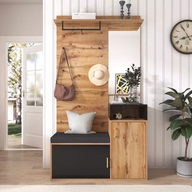 Aosom UK Modern Hallway Wardrobe with Mirror, Shoe Cabinet and Bench Seat in Black and Brown, H 191 x W 105 x D 40 cm