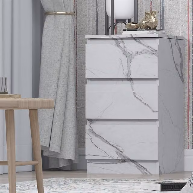 ZITA 3 Drawer Bedside Table in White Marble Effect, W: 68 cm, D: 38 cm, H: 40 cm