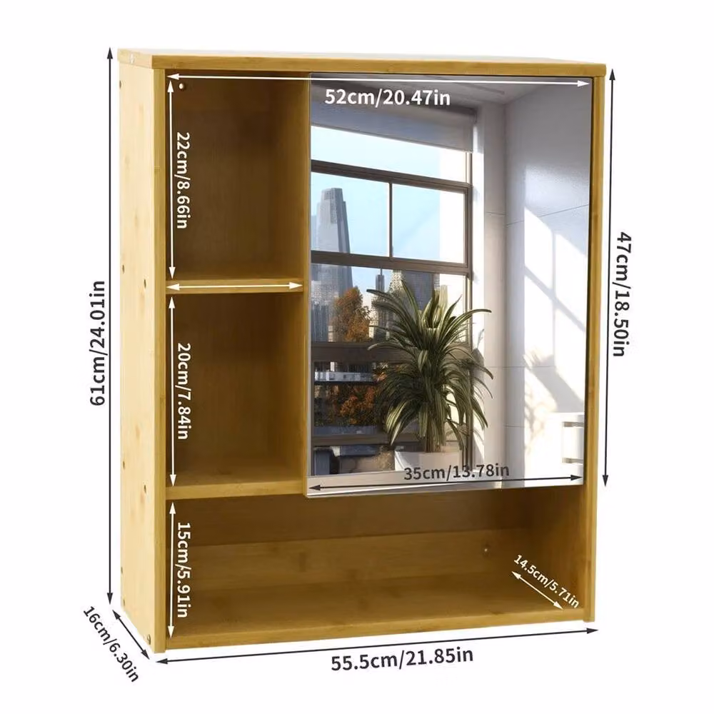 PAWNORA Bamboo Bathroom Mirror Cabinet in Brown with Hinged Doors and Internal Shelves – 2