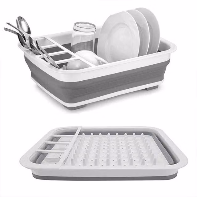 FORGEVIO Large Collapsible Dish Drainer Folding Draining Rack in Grey, W/D/H: 36.5 x 31.5 x 13.0 cm