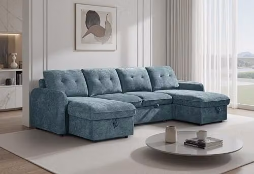 Beehive Furniture Marlowe U-Shaped Reversible Corner Sofa Bed in Blue Upholstered Fabric – 2