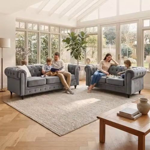 Bravich Grey Velvet Chesterfield 2 and 3 Seater Sofa Suite with Solid Wood Frame and Foam Cushions – 3