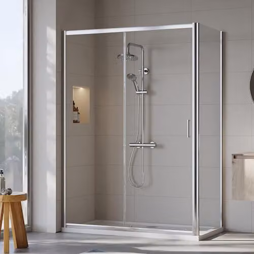 Balterley Sliding Shower Door with Side Panel and Square Shower Tray, 6mm Toughened Safety Glass, Chrome and White