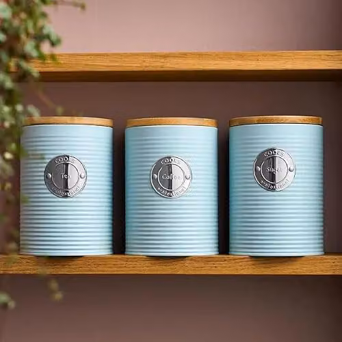 Cooks Professional 5 Piece Ribbed Tea Coffee Sugar Bread and Biscuit Airtight Canister Set with Bamboo Lids in Blue and Silver – 4